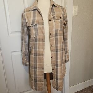 Long Plaid Shirt Jacket in Beige